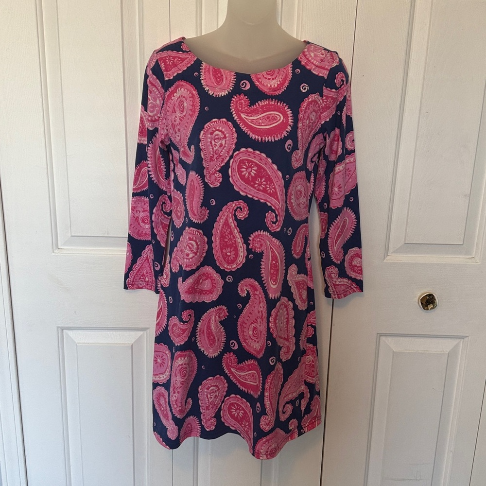 AnaClare Sz S pink blue summer shift dress paisley stretchy EUC B1015